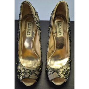 Badgley Mischka Stella open toe pumps black/gold lace sz 5 1/2